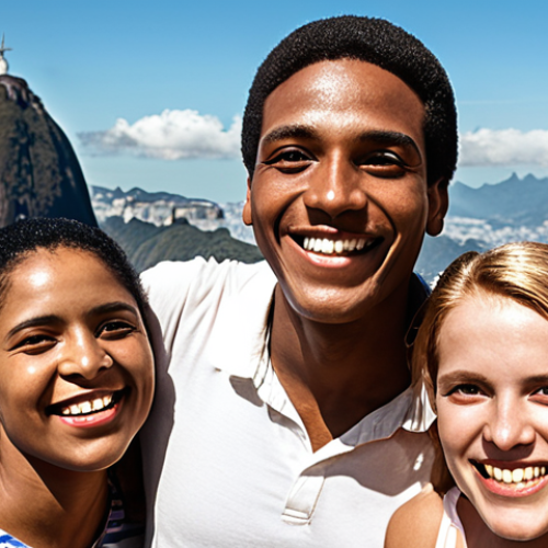 Home 6 A diverse group of people smiling and interacting, set against a backdrop of iconic Brazilian landmarks like Christ the Redeemer and Sugarloaf Mountain. Capture the joy and connection despite cultural differences.
