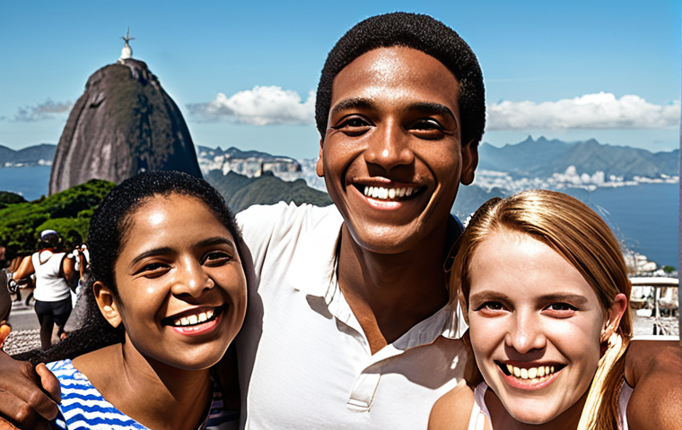 A diverse group of people smiling and interacting, set against a backdrop of iconic Brazilian landmarks like Christ the Redeemer and Sugarloaf Mountain. Capture the joy and connection despite cultural differences.