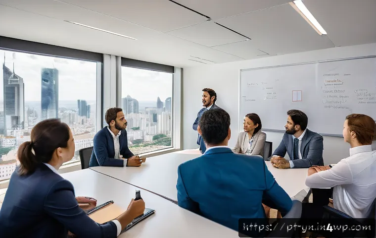감정 인식 대화를 위한 역할극 기법 - A diverse group of professionals engaged in an emotional role play exercise within a modern corporat...